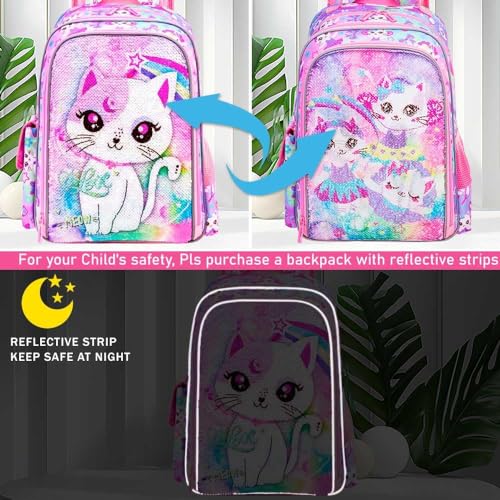 UFNDC 3PCS Girls Backpack, 16”Kids Cat Sequin Bookbag with Lunch Box, Water Resistant School Bag for Elementary Preschool Toddler3