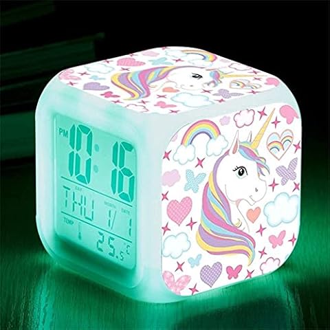 DSLIHA Unicorn Digital Alarm Clocks for Children's Bedroom, 7 Colour Changing LED LCD Cube Clock with Light Children Wake Up Bedside Clock, Birthday Gift for Boys Girls Women Adult Bedroom Cover
