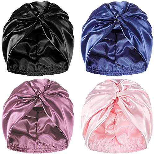 4 Pieces Satin Sleep Cap Silky Night Sleeping Cap Hair Bonnet Hat Silk Feel Night Bonnet Soft Elastic Night Hair Cover Pleated Hair Wrap for Women Hair Care (Pink, Purple, Black, Navy Blue)