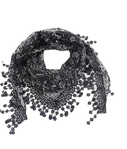 Lace Tassel Sheer Burnt-out Floral Print Triangle Mantilla Scarf Shawl Neck Wrap black