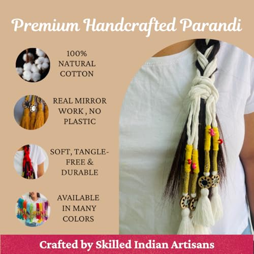 Image of Zippy Flora Neelima Handmade Boho Parandi (Snow White) | Traditional Punjabi Parandi Cotton Hair Accessory with Braid Tassels | Women's Ethnic Hair Extension for Choti, Braids & Patiala Shahi Hairstyles