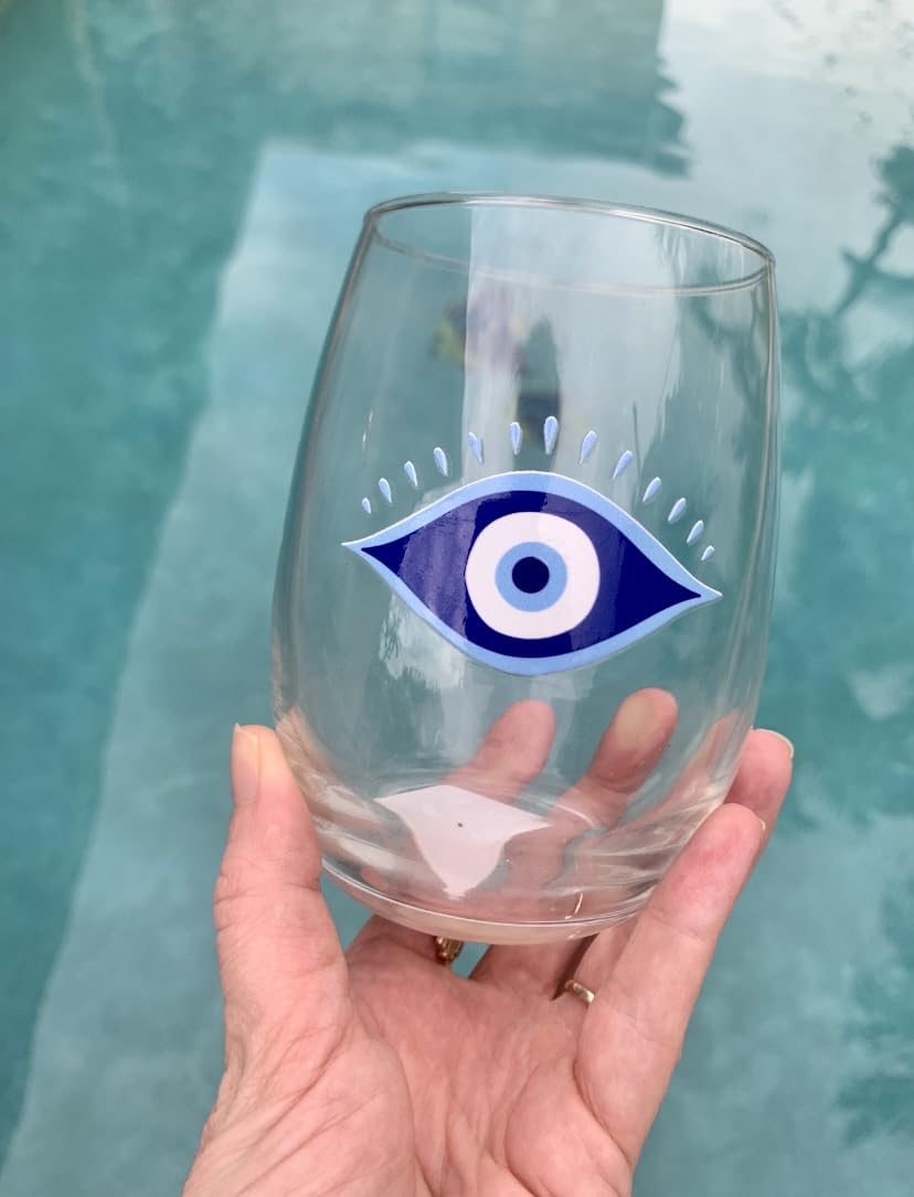 Evil Eye Wine Glass,20.5 OZ,Gift Evil Eye Wine Glass Stemless,Gift Wine Gift Greek Evil Eye Third Eye Nazar Good Luck Protection