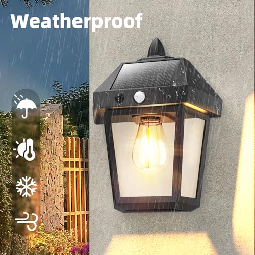 Image of DERAYSION 4 Pack Solar Wall Lanterns,9 Inch Solar Porch Light with Motion Sensor, 3 Mode Adjustable Brightness Waterproof Outdoor Wall Lights for Porch Door Patio Fence Garage