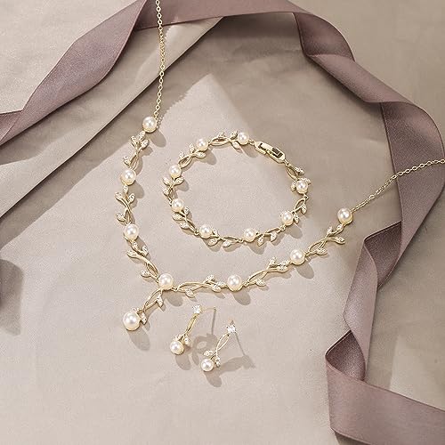 EVER FAITH Bridal Cubic Zirconia Jewelry Sets for Women, White Simulated Pearl Leaf Vine Pendant Wedding Party Necklace Earrings Set for Bridesmaid Bride4