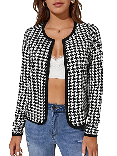 WDIRARA Women's Houndstooth Open Front Long Sleeve Plaid Work Office Elegant Jacket