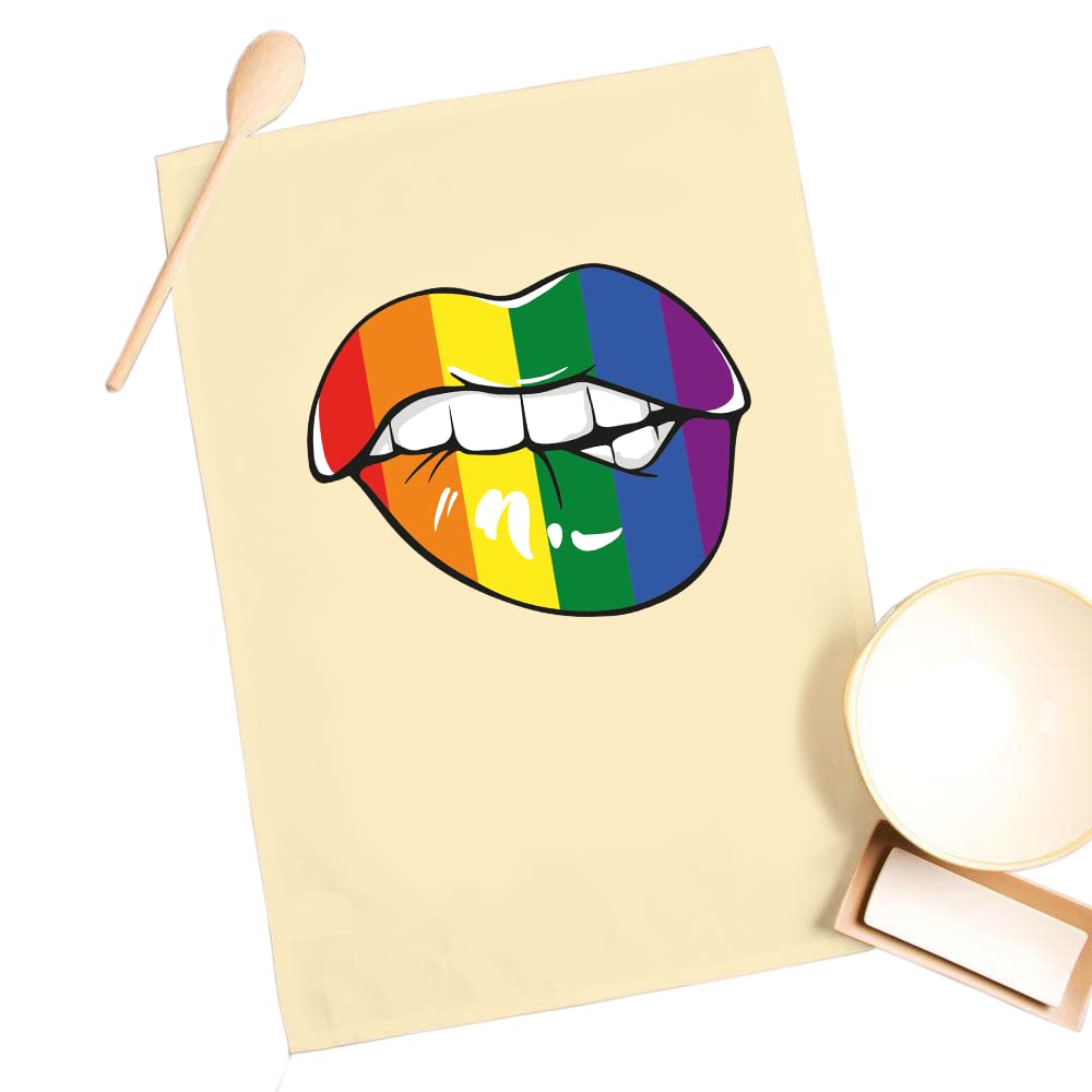 Smartypants Women's Natural Lemon Prime Pride Lips Tea Towel - Lgbtq Flag Rainbow Lesbian Gay Pride Transgender Bisexual Men Non-Binary Home Kitchen Accessories Gift Present (Natural Lemon Prime)