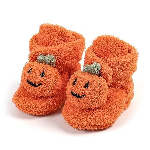 LSFYSZD Infant Halloween Christmas Booties Pumpkin furry Fleece Slippers Soft Newborn Winter Warm Fleece Slippers Snow Boots (Orange, 12-18 Months)