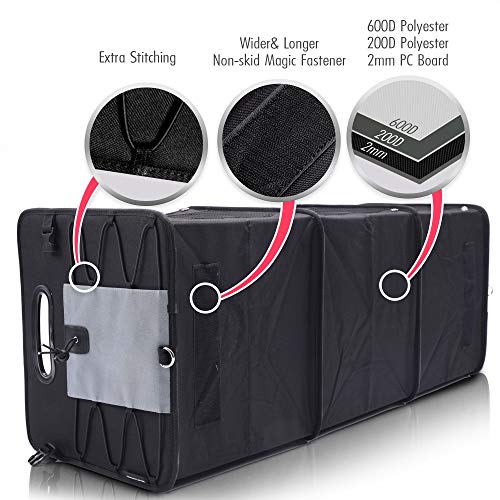 GEEDAR Large Trunk Organizer Car Organizers and Storage for SUV 3 Compartments Collapsible Portable Non-Slip Bottom Tie Down Straps (Gray)