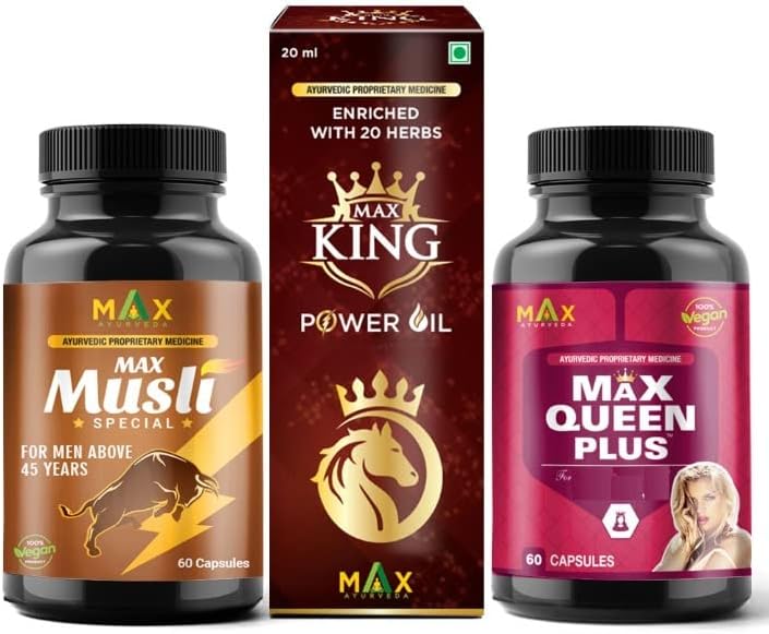 Max Ayurveda Couple Combo Musli Special Pack (for 45+ Men), King Ayurvedic Herb Massage Oil & Max Queen Plus For Women (60 + 60 Capsules + 1 Oil Bottle)