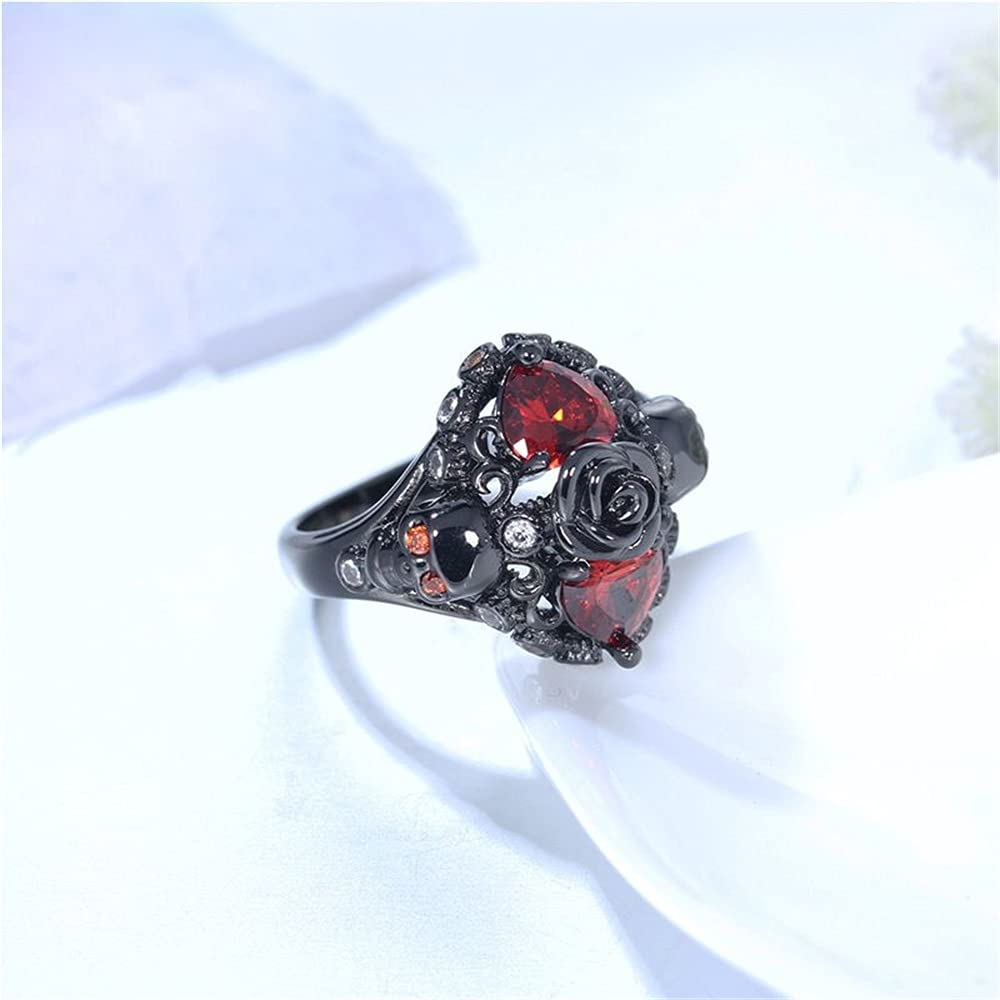 Black Gold Plated Skull Gothic Death Rose Flower Ring Red Garnet Birthstone Wedding Statement Cocktail Party Biker Ring (US Code 10)