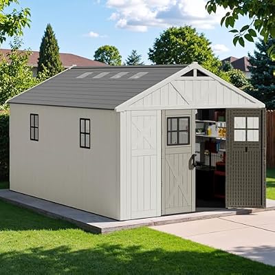 Devoko 10x14 FT Plastic Storage Shed with Floor, Resin Tool Garden Shed with Windows & Lockable Door, Outside Large Storage Shed for Patio Backyard Lawn, Beige