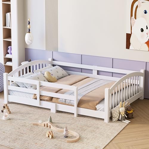 Image of Bellemave Full Size Kids Montessori Floor Bed,Full Size Floor Bed Frame with Slats and Safety Guardrail,Solid Wood Montessori Bed for Girls Boys,White