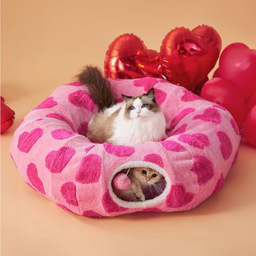 Image of Lesure Cat Tunnel Bed for Indoor Cats - Cute Cat Donut Tunnel Toys with Washable Circle Cushion, Valentine's Day Gifts for Cats, Round Pet Peekaboo Cave Toy for Kitten, Standard Lover Hearts