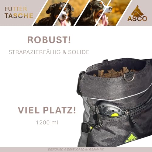 ASCO Leckerlitasche für Hunde - Leckerlibeutel mit Einhand-Schnappverschluss - Futterbeutel Hunde 20 x 20 cm - Hundetraining Bauchtasche mit viel Platz, Bauchgurt und waschbarer Innentasche, schwarz