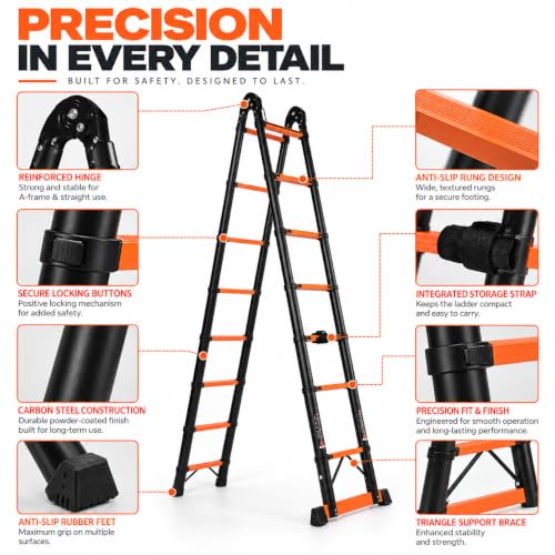 Equal 24.5 Feet (7.4m) Carbon Steel A Type Telescopic Ladder | Self-Supporting A-Frame | 18 Steps (Dual-Sided) Foldable Heavy Duty Ladder | 150kg Capacity | 2-Year Warranty - Image 6