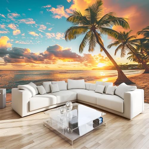 3D Wall Mural Sunset Beach Palm Trees Premium Non Woven 3D Photo Wallpaper Wall Mural, for Bedroom Living Room Decoration W350 X H256 Cm