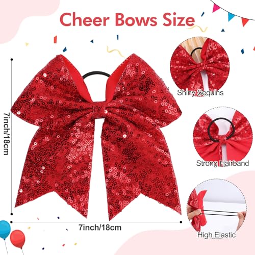 CN 7" Glitter Cheer Hair Bows for Cheerleader Red Large Ponytail Holder Elastic Band Handmade for Cheerleading Teen Women Girls College Sports 1pcs