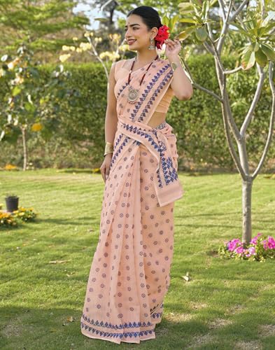 Image of SIRIL Women's Cotton Linen Mekhela Chador Printed Saree with Unstitched Blouse Piece
