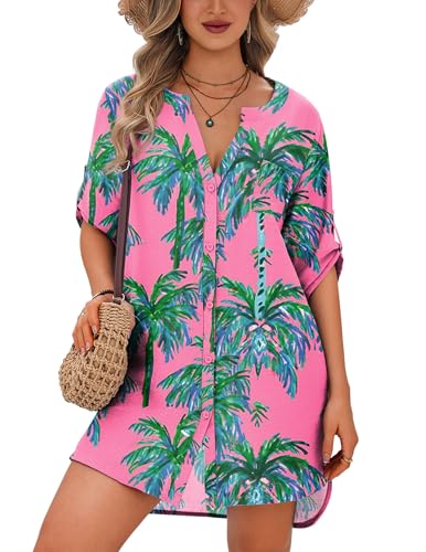 Image of Ekouaer Bathing Suit Cover Up for Women V Neck Button Down Swimsuit Coverup Beach Dress Shirt S-3XL