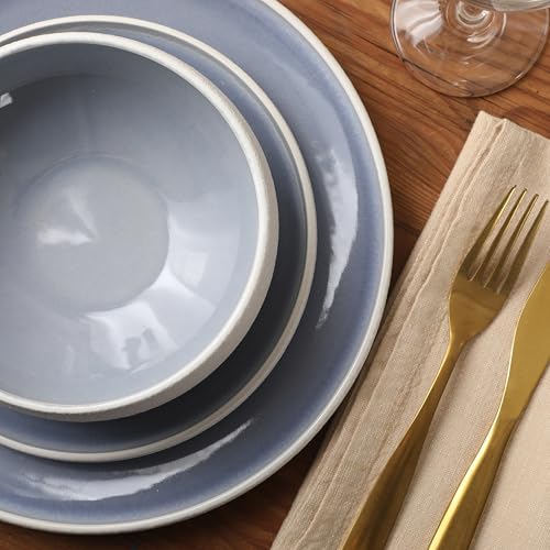 Image of Gibson Elite Pacifco Beach Plates and Bowls Sets, 12-Piece Stoneware Dinnerware Sets, Reactive Glaze Dish Set - Blue