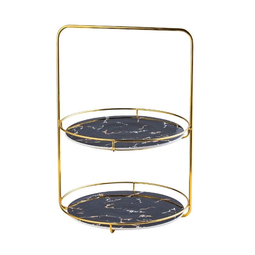 WJS European Ceramic Double Cake Plate Marble Pattern Flat Fruit Plate Jewelry Display Stand With Gold Frame