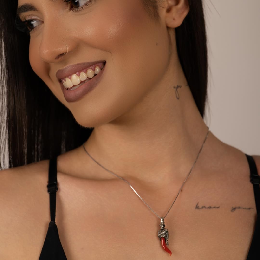 Ciondolo gobbetto gobbo in argento 925 con corno cornetto in corallo rosso del Mediterraneo amuleto portafortuna unisex gioiello da uomo donna ragazza ragazzo pendente argento