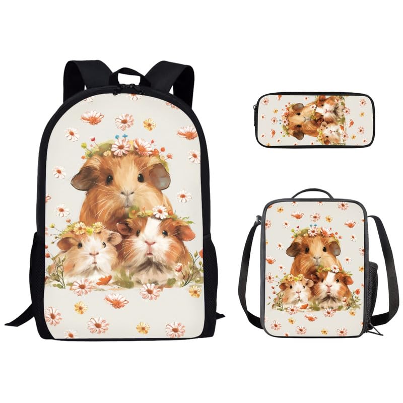 Cartoon Guinea Pig Family 17 Inch Kids Bookbag Guinea Pig Parent-Child Boy Backpack and Lunch Bag Pencil Case Funny Animal Flower Casual Elementary School Bags Bookbag