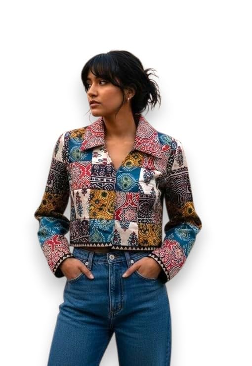 vishwatah avaran New Mashroo Patch Work Jacket Style Blouse | Multi Color Mashroo Printed Patches, Front Hook Button, Free Size-38-picture-26