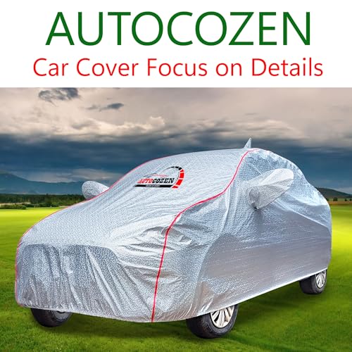 Image of Waterproof Car Body Cover Compatible with Kia Sonet Mirror and Antenna Pocket, All Weather Protection Cover (Silver Color with Red Piping Style)