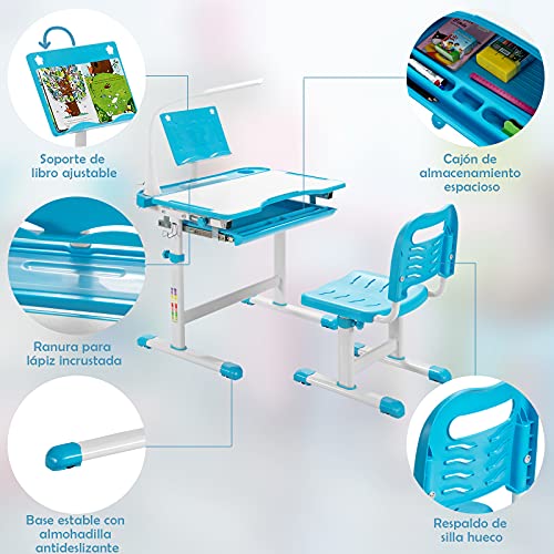COSTWAY Set Escritorio y Silla para Niños +6 Años, Pupitres Infantil Altura Ajustable y Reclinable, Escritorio Infantil con Luz LED, Atril para Libros, Portalápices, 64X49X52-79cm Azul - imagen 2