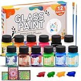 Teokantz Glasmalfarbe, 12 Stück 30ml Glas Bemalen Glasfarbe Spülmaschinenfest mit Lichtdurchlässigkeit für Glasmalerei, Gläser, Weingläser, Wasserdichte Glasfarbe Transparent mit 2 Feine Pinsel