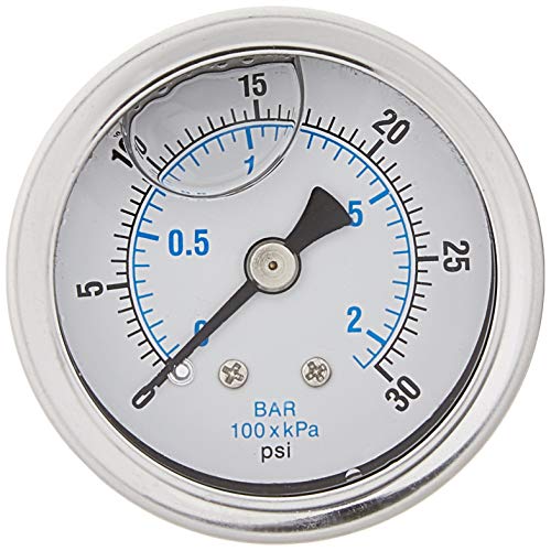 GAUGE Stainless Steel Liquid Filled Pressure, Back Mount 1/8 NPT, 1.5 FACE DIAL, WOG Rated (0-30 PSI) GAUGE Stainless Steel Liquid Filled Pressure, Back Mount 1/8" NPT, 1.5" FACE DIAL, WOG Rated (0-30 PSI)