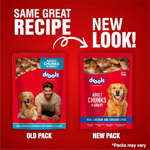 Image of Drools Adult Wet Dog Food, Real Chicken and Chicken Liver Chunks in Gravy,10 Pouches + 2 Pouches Free (12 x 60g) (Pack of 2)