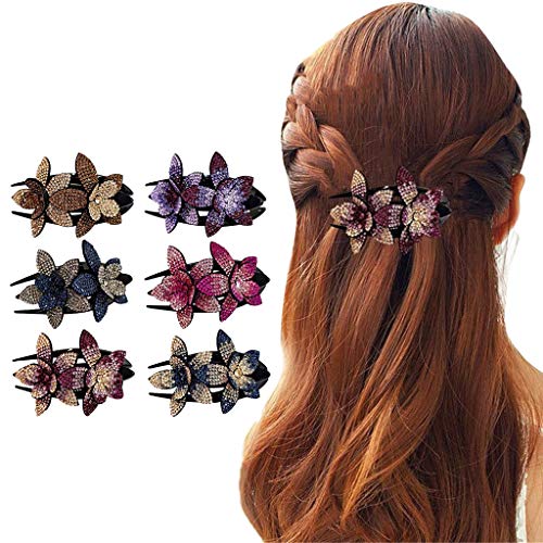 6 Pack Rhinestone Brilliant Double Flower Hair Clips, Shining Rhinestone Floral Hair Barrettes for Women Lady Teen Girls (Multi?Small?6 Pack)