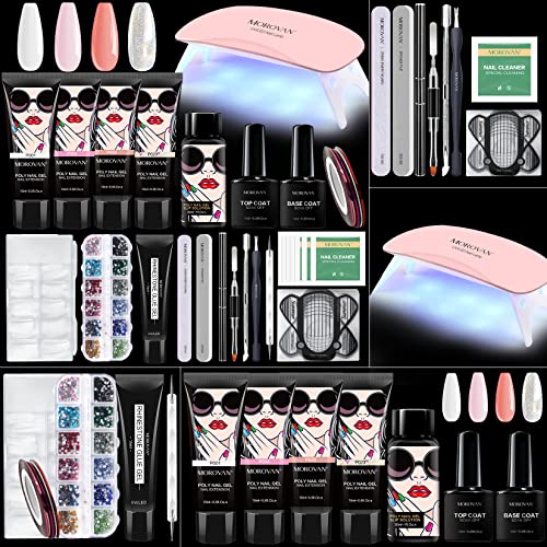 Morovan Poly Nail Gel Kit,Builder Gel for nails in 4 Colors 15ml with Nail Dual Forms, Poly Extension Nail Gel Enhancement ACRYL Poly Nail Gel Nail Art Supplies (20 Piece Set)