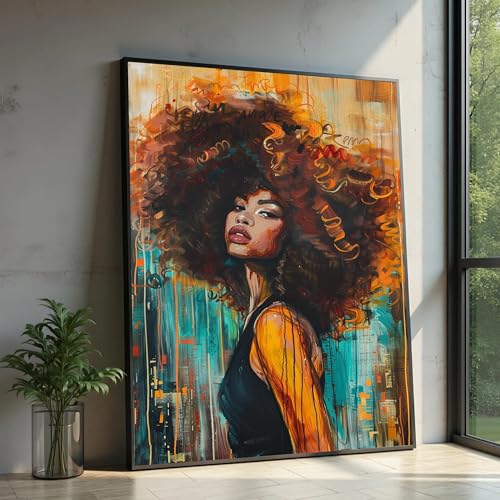 Portrait abstrait de femme afro : grande toile d'art urbain colorée et décoration murale 60x90
