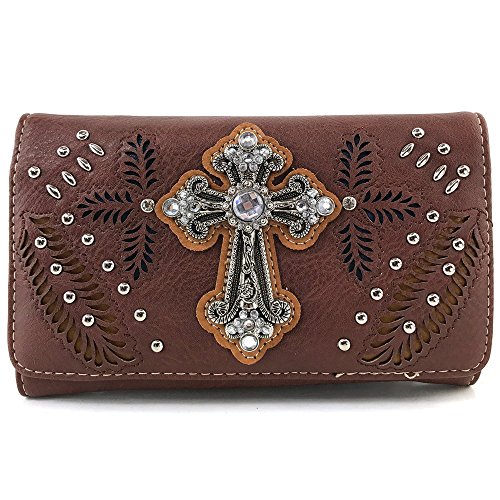Justin West Laser Cut Rhinestone Cross Design Studded Tooled Wristlet Trifold Wallet Attachable Long Strap