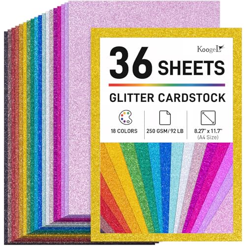 Koogel 36 Sheets Glitter Cardstock, 8.27" x 11.7" (A4 Size) 18 Colors, Heavyweight 250gsm Sparkle Paper for DIY Party Decorations & Scrapbooking, Arts and Crafts, Card Making, 92 lb / 250 GSM