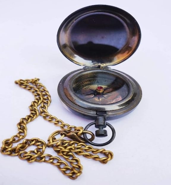Brújula vintage de latón con cadena y diseño náutico miniatura 2