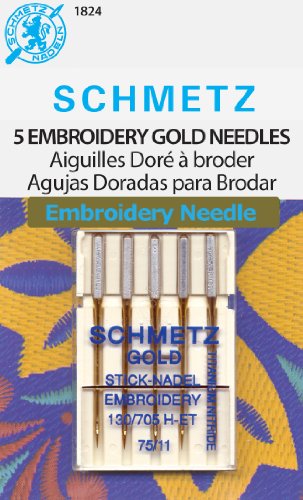 SCHMETZ Gold Embroidery Sewing Machine Needles - Titanium Coated for Smooth Stitching, Size 75/11, 5-Needle Cards, Pack of 1