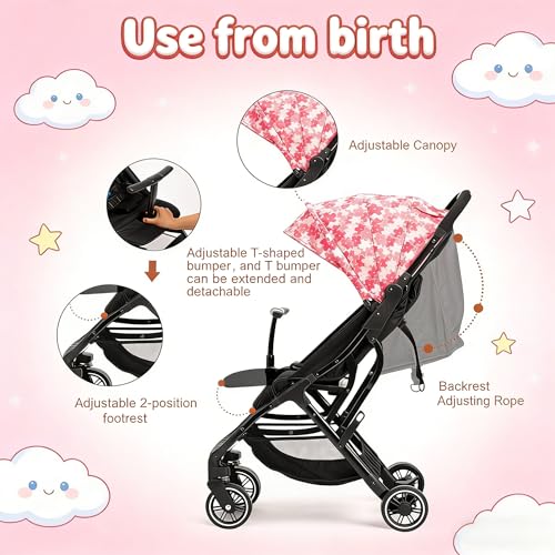 Image of Cool Kids Lightweight Travel Stroller, Auto Fold Reversible Buggy Pink | Looking for a reversible toddler stroller? Drag this pink auto-fold buggy like rolling luggage through airport security.