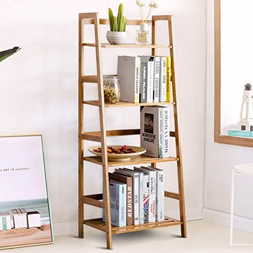 COSTWAY 4 Tier Bamboo Plant Stand, Ladder Flower Pots Holder with Rear Bar and Slatted Tier Design, Freestanding Corner Storage Display Shelf Rack for Indoor Outdoor
