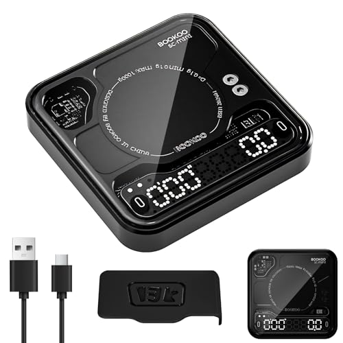 BOOKOO Kaffeewaage mit Timer, 0,1g Hochpräzise wiederaufladbare Espresso Waage mit 3 Mode, Bluetooth-Verbindung APP, USB Mini Präzisionswaage für Espresso und Pour-Over