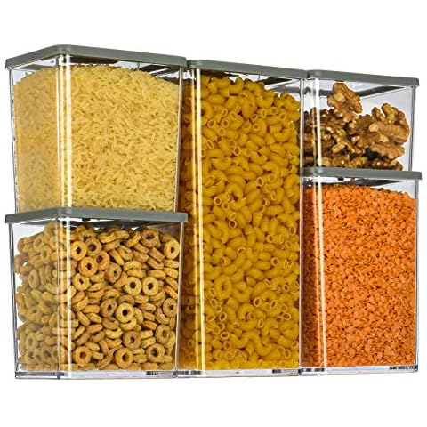 FiNeWaY 5pc Stackable Food Storage Containers Box with Airtight Lids BPA Free Cereal Dry Fruit Confectionery Lunch Snack Meal Boxes Kitchen Reusable Organiser Portion Control Cover
