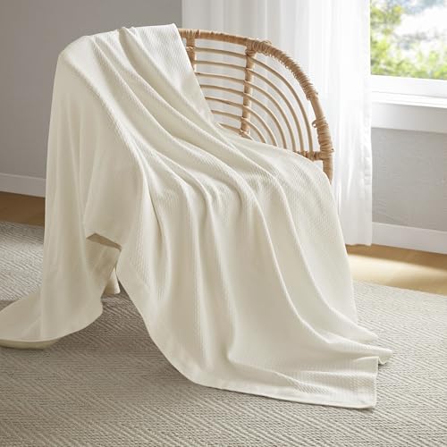 Image of Madison Park 100% Egyptian Cotton Twin Size Bed Blanket for Summer Ivory | Cozy Soft Breathable Durable, Waffle Weave Woven Casual, Lightweight Knit All Season Throw for Bed Couch or Sofa, OEKO TEX