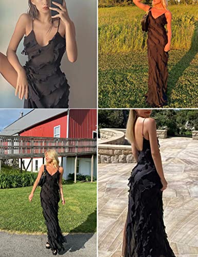 Image of houstil Women's Casual Summer Dress Strap Ruffle Beach Party Maxi Cocktail Evening Holiday Wedding Guest Dresses