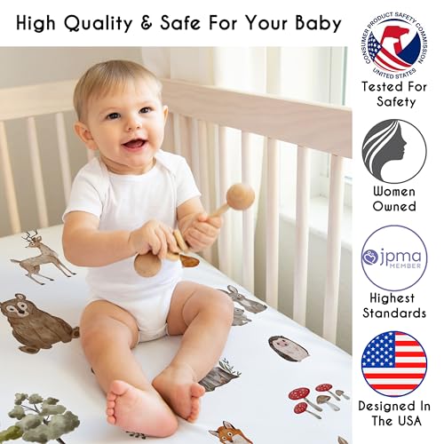 Image of Sweet Jojo Designs 4-Piece Baby Crib Bedding Set (Woodland Animals) for Boys or Girls, Infants /Nursery incl. Blanket, Fitted Sheet, Skirt, Diaper Stacker (Neutral Theme, Forest Animal, Bear, Hedgehog)