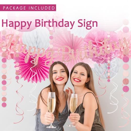 Image of Pink White Birthday Decorations Women Girls, Happy Banner, Paper Lanterns Honeycomb, Tissue Flowers Pom Poms Fan, Light Pink Latex Balloon Pink Confetti Balloons for Birthday Party Decor