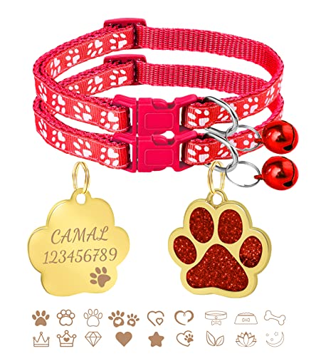 CAMAL 2 Pack Personalized Cat Collar, Cat Collars with Bell Breakaway and Custom Tags Engraved Cat Name Tag, Paw Kitten Collar for Boy Girl Cats Puppy Dogs