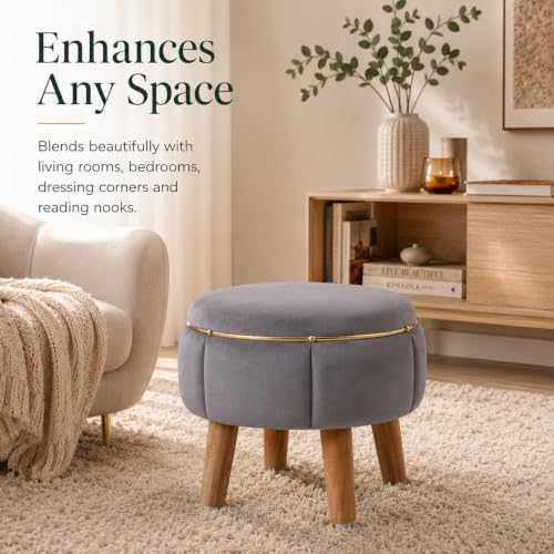 Image of Velvet Upholstered Round Ottoman Footstool | Anti-Slip Feet | Multipurpose Footrest, Step Stool & Vanity Seating & Decor | 40 x 30 cm (16 x 12 Inch) | Grey